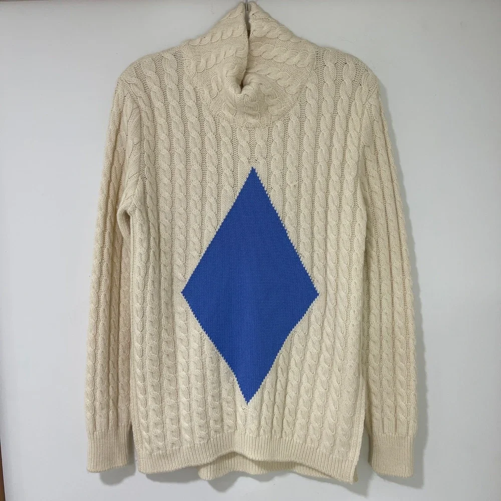 Tory Burch Nel Wool Sweater L Cream Blue Diamond Cable Knit Turtleneck $398